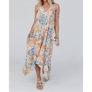 Three Bird Nest Ellie Ruffle Midi Dress Floral Print Large Pockets NWT